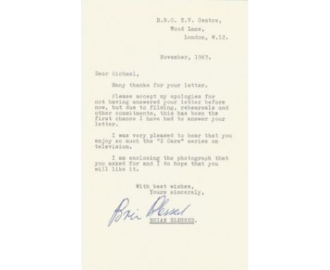 Actor Brian Blessed TLS typed signed letter 1963 thanking for compliments for his role in Z cars. Blessed is known for portra