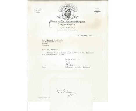 Film Producer Lawrence Bachmann signed card and MGM covering letter date 1965. Bachmann was born in New York City, where his 