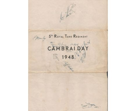 Military, 5th Royal Tank Regiment vintage multi signed Cambrai Day 1948 dinner menu features approx 9 signatures on the front