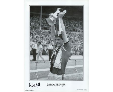 Football Norman Whiteside signed 17x12 Manchester United legend black and white print. Good condition. All autographs come wi