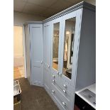 Lavender coloured ex display corner bedroom units, 2350 x 1050mm, including shoe rack, hanging rail,