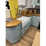 Green Mist ex display kitchen and solid oak worktop, comprising of 300mm end radius, 800mm under