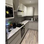Grey & white ex display kitchen comprising 600mm 3-drawer base unit, two 150mm pull out racks, 600mm