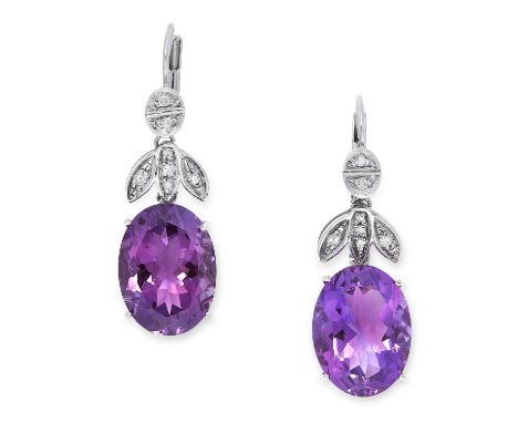 A PAIR OF AMETHYST AND DIAMOND EARRINGS set with round brilliant cut diamonds and oval mixed cut amethyst drops, 4cm, 9.3g. 