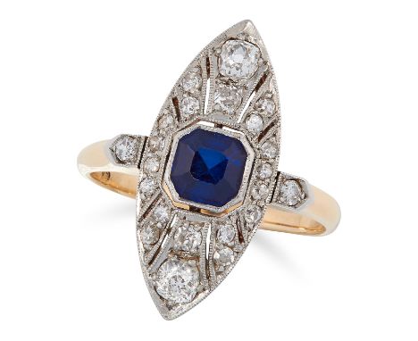 AN ART DECO SAPPHIRE AND DIAMOND NAVETTE RING set with an octagonal cut sapphire and round old cut diamonds, size M / 6, 3.6g