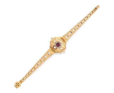 AN ANTIQUE GARNET, DIAMOND AND PEARL BRACELET, 19TH CENTURY in yellow gold, the tapering body with cross shaped clasp, the bo