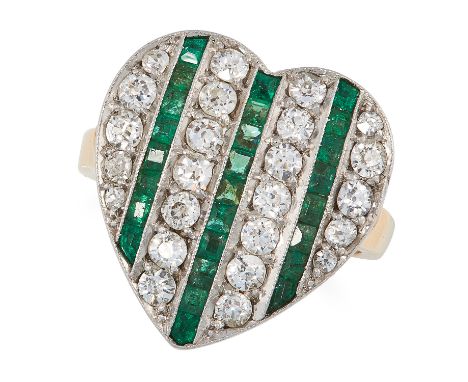 AN EMERALD AND DIAMOND HEART DRESS RING set with step cut emeralds between rows of old and single cut diamonds, size J / 5, 6