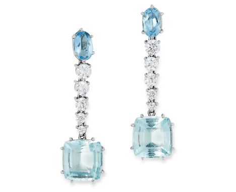 A PAIR OF AQUAMARINE AND WHITE SAPPHIRE EARRINGS in 18ct white gold, each set with an oval cut aquamarine suspending a row of