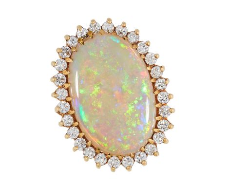 AN OPAL AND DIAMOND CLUSTER RING set with a cabochon opal of 8.05 carats, in a border of round cut diamonds, size M / 6, 9.41