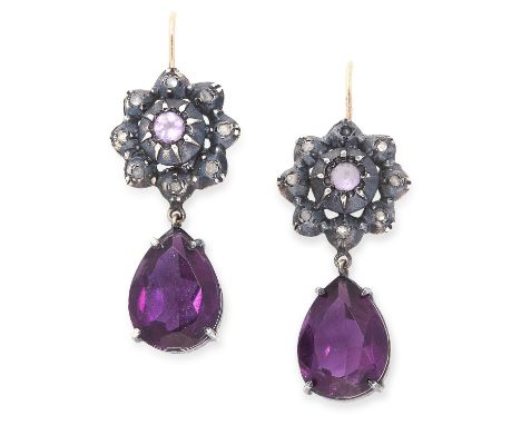 A PAIR OF AMETHYST AND DIAMOND EARRINGS set with clusters of rose cut diamonds, suspending a pear brilliant cut drop, 4.5cm, 