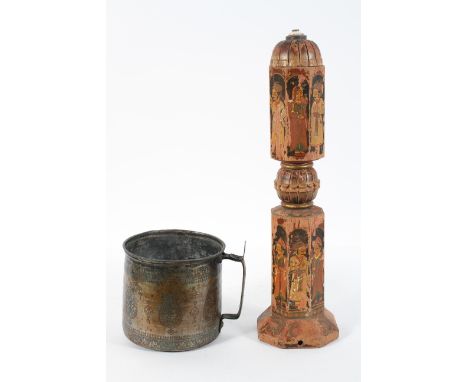 A Middle Eastern tinned copper handled vessel, with chased decoration, 18cn high; and an Indian painted lamp base, 56cm high 