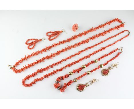 A collection of coral jewellery to include three necklaces, two pairs of earrings and a hallmarked 9ct gold ring. NB: Visuall