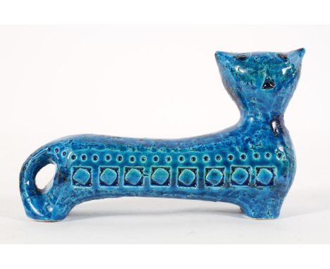 Aldo Londi Bitossi, 1960's vintage Italian pottery two faced cat, with repeated incised mark in the Rimini blue decor, 19cm l