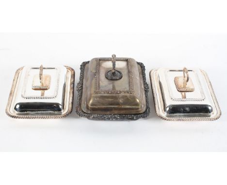 A Mappin &amp; Webb silver plated entre dish and cover, 30cm x 22cm; and another pair of silver plated entree dishes, 28cm x 