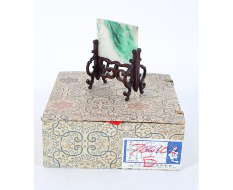 A Chinese 'jade' screen, white with green streaks, carved with figures in a hardwood frame, boxed, total height 9.5cm x 7cm w