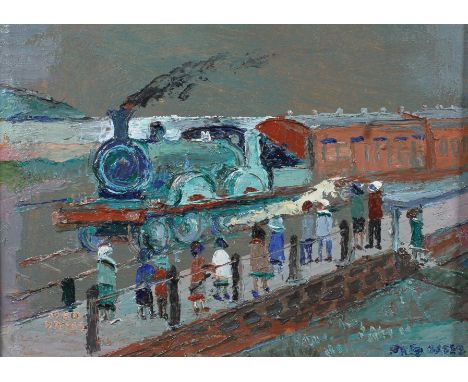Fred Yates, Railway Engine, oil on board, signed lower right, titled verso, 13.5cm x 19cmProvenance; The picture is from a de