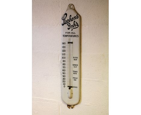 A Stephens Ink enamel advertising thermometer, with black lettering, by Jordons of  Bilston, 93cm high