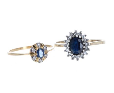 18ct sapphire and diamond cluster ring, 1.2gm, ring size N; also a 9ct sapphire and diamond oval cluster ring, 2.4gm, ring si