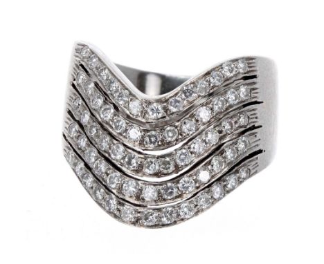 Fancy 18k white gold diamond set wishbone dress ring, with five rows of round brilliant-cut diamonds, 19mm, 9.8gm, ring size 