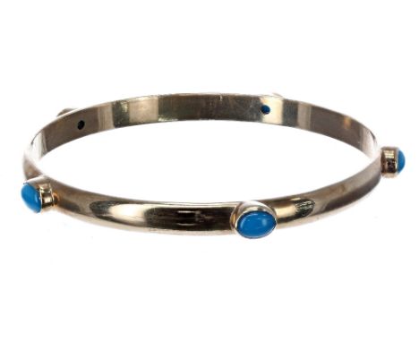 Yellow gold 9ct yellow bangle set with five oval turquoise cabouchons, 22.9gm, 65mm diameter approx  