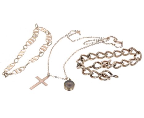 Assorted 9ct jewellery to include a curb bracelet (lacking clasp); necklet with cross and compass pendants, also a bracelet, 