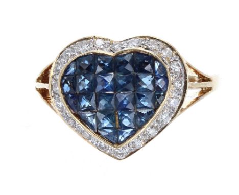 18ct pavé sapphire and diamond heart shaped cluster ring, 12.5mm, 3.5gm, ring size L/M 