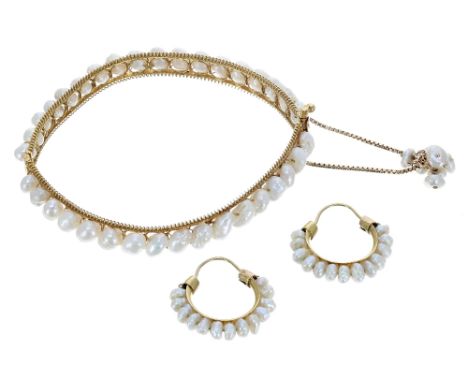 High grade yellow metal pearl set bangle and similar earrings, the bangle 17.6gm, earrings 4.3gm (3) 