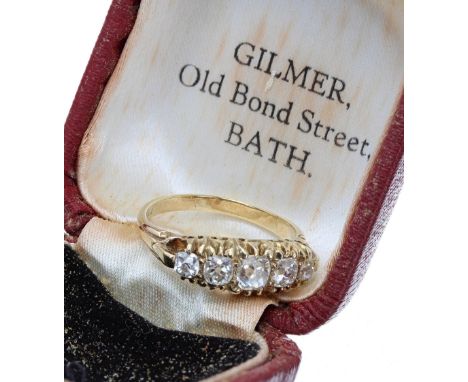 18ct claw set five stone diamond ring, old-cut, 0.96ct approx, clarity VS, colour F/G, 4.3gm, ring size M - **Gilmer of Bath 