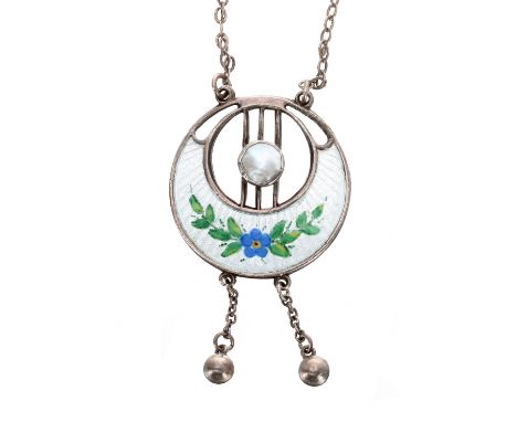 Charles Horner silver enamel and pearl pendant, stamped maker's mark, 24mm diameter 