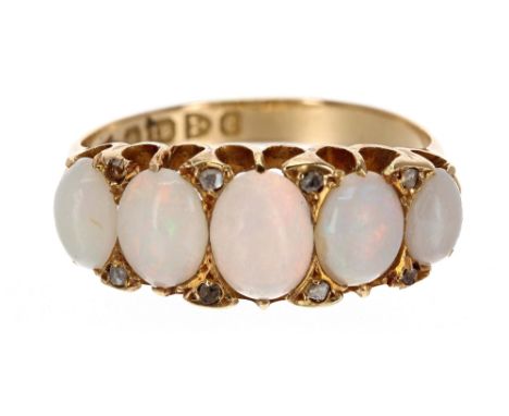 Edwardian 18ct opal and diamond claw set ring, Chester 1903, 8mm, 4.2gm, ring size M (one stone missing)