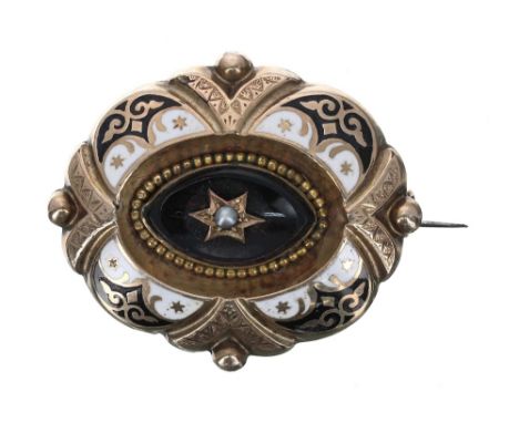 Victorian oval yellow metal and enamel mourning brooch with applied onyx and seed pearl, 11gm, 42mm