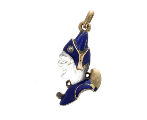 Carved moonstone and blue enamel jester pendant set with two rose-cut diamonds, 3gm, 22mm