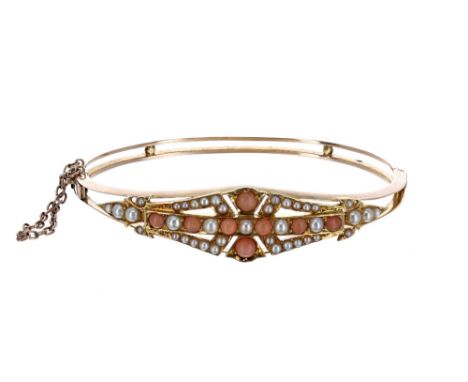 Victorian 15ct coral and pearl bangle, with safety chain, 14mm, 13.1gm, 64.5mm