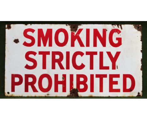 Smoking strictly prohibited sign, with wet paint to reverse. Approx. 25.5 x 48cm

Used condition, wear to enamel 