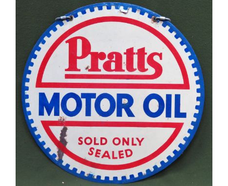 Pratts Motor Oil double sided wall mounting enamel advertising sign. Approx. 66cm diameter

Used condition, wear to enamel 