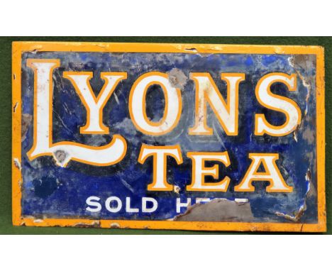 Lyons Tea double sided wall mounting enamel advertising sign. Approx. 23 x 39cm

Used condition, wear to enamel 