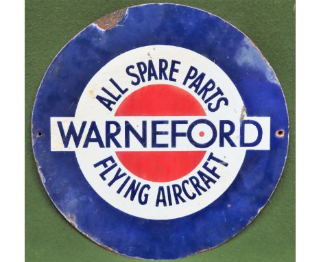 Warneford Flying Aircraft double sided circular enamel advertising sign. Approx. 38cm diameter

Used condition, wear to ename