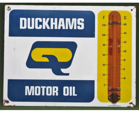 Duckhams Motor Oil enamel advertising sign with thermometer tube. Approx. 51 x 66cm

Used condition, wear to enamel 