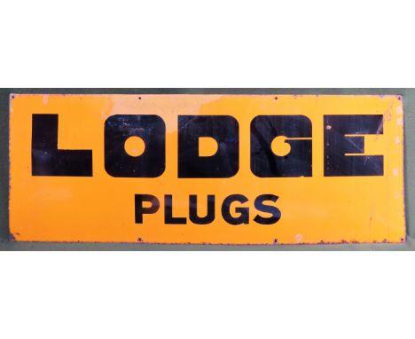Lodge Plugs vintage enamelled advertising sign. Approx. 46cms x 122cms

used condition. wear to enamel 