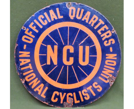 NCU (National Cyclists Union) circular enamel advertising sign. Approx. 46cm diameter

Used condition, wear to enamel 