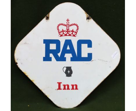 RAC Inn double sided wall mounting enamel advertising sign. Approx. 56 x 56cm

Used condition, wear to enamel 
