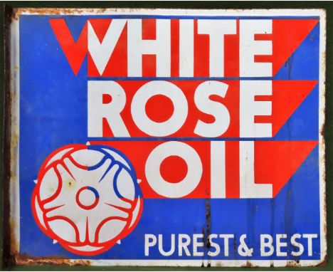 White Rose Oil double sided wall mounting enamel advertising sign. Approx. 56 x 46cm

Used condition, wear to enamel, needs a