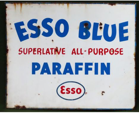 Esso Blue Paraffin double sided wall mounting enamel advertising sign. Approx. 46 x 56cm

Used condition, wear to enamel 
