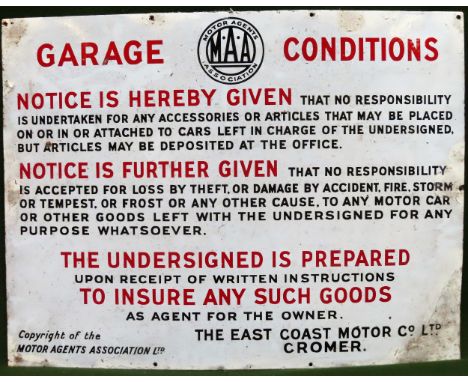 Motor Agents Society Garage Conditions enamelled sign. Approx. 64cms x 84cms

Used condition, wear to enamel 