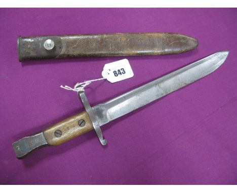 A WWI Canadian Ross Bayonet, 25.5cm blade to wooden grip stamped - '2B' for 2nd Battalion, spring appears operative, original