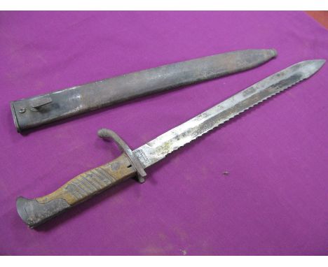 A WWI Era German M98 'Butchers Knife' Bayonet With Sword Back, stamped R. Stock and Co, with steel scabbard, 14inch blade.