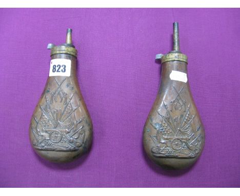 Two Copper/Brass Powder Flask, decorated in American Military Style, one spring appears to work, the other A/F, no obvious ma
