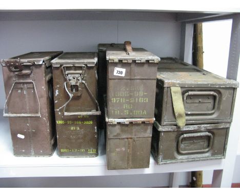 Eight 2nd Half XX Century Post War Empty Military Ammunition and Explosives Metal Boxes.