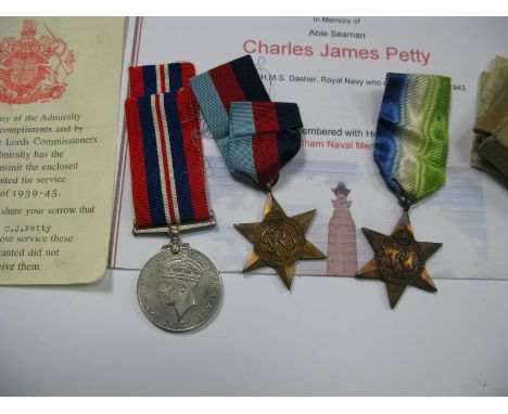 A WWII Casualty Medal Trio, comprising War Medal, Atlantic Star and 1939-45 Star to Able Seaman C.J. Petty, with box of issue