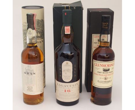 SIX BOTTLES OF MALT WHISKY comprising: Lagavulin, 16 year old, Aberlour 100 proof, Oban, Glenmorangie, Port Wood Finish, Card
